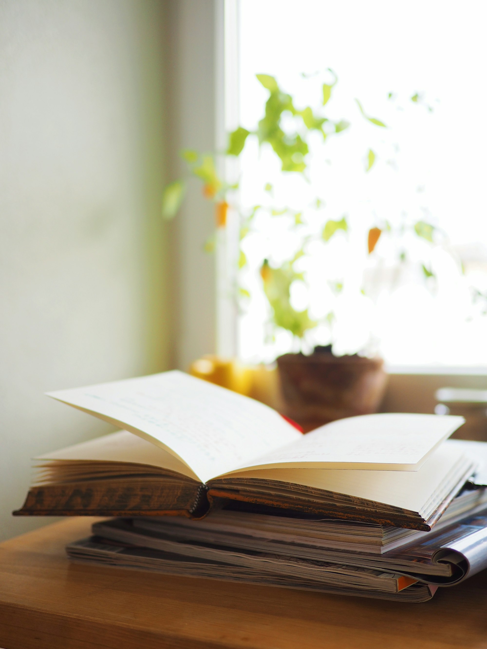An open book on a stack of papers beside a bright window.